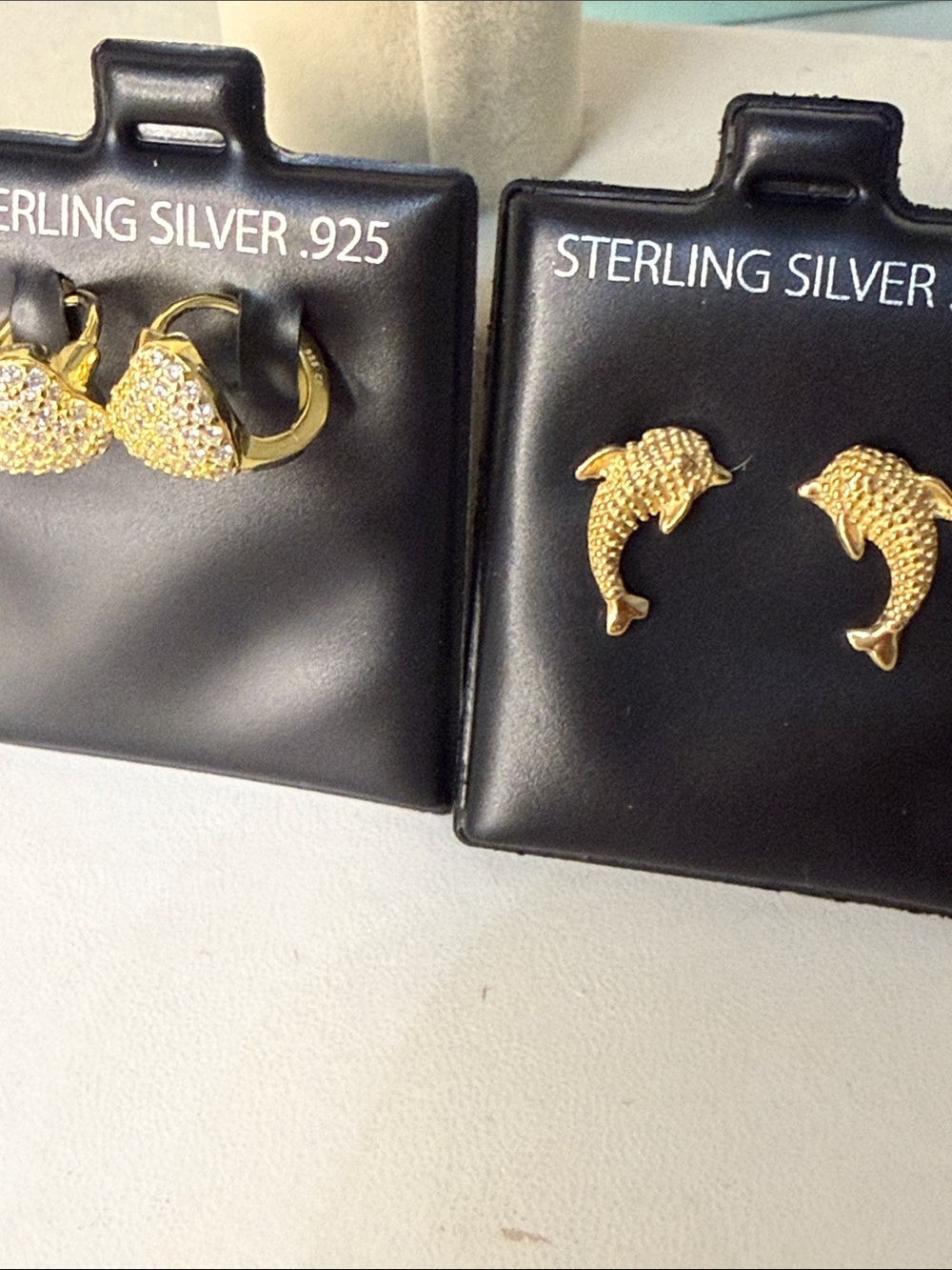 Sterling Silver Dolphin and Heart with Moissanite Stud Earrings Set